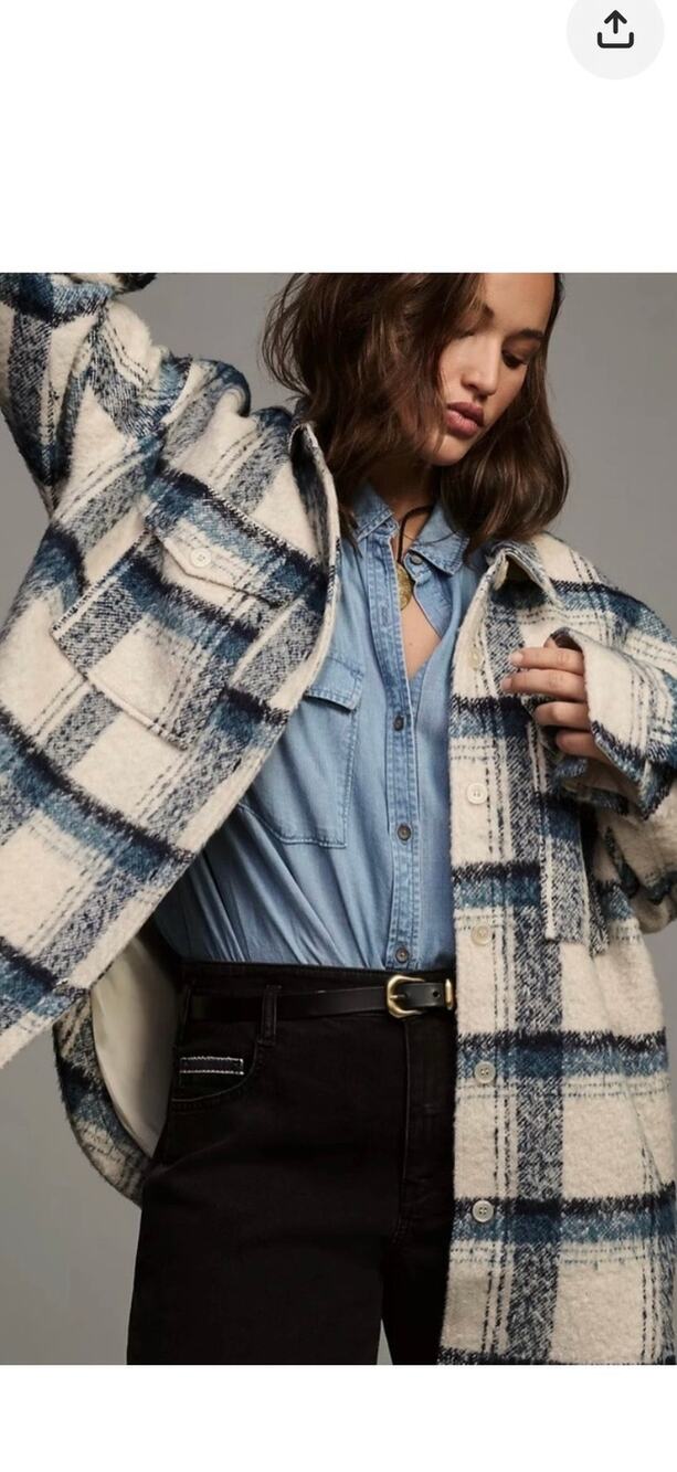 GOOD AMERICAN Plaid Sherpa Shacket Jacket Indigo Cream Size 2X/3X